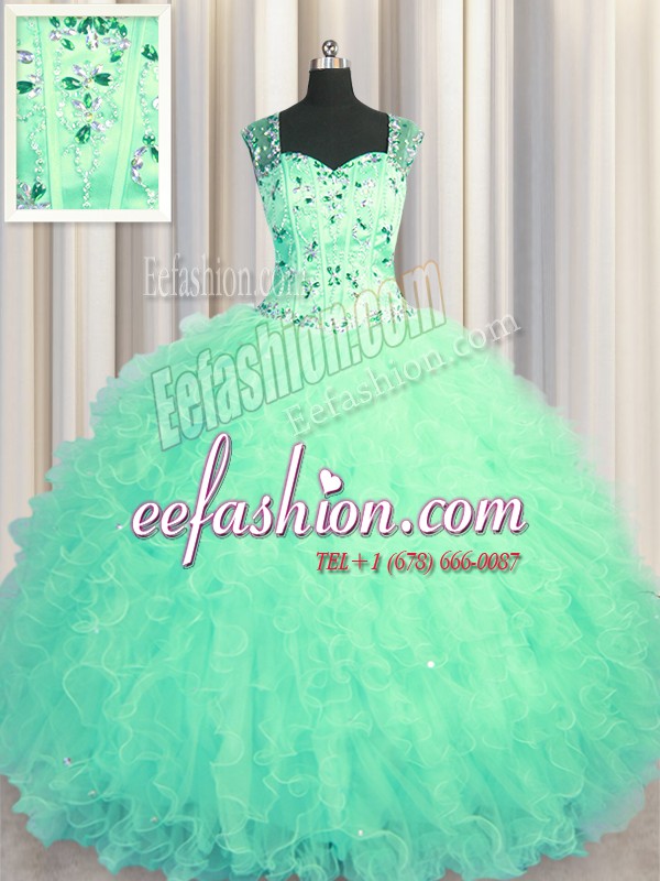 Smart See Through Zipper Up Sleeveless Floor Length Beading and Ruffles Zipper 15 Quinceanera Dress with Turquoise