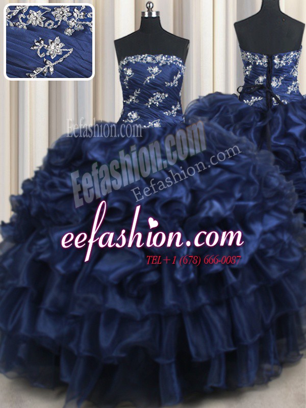  Navy Blue Lace Up Ball Gown Prom Dress Appliques and Ruffles and Pick Ups Sleeveless Floor Length