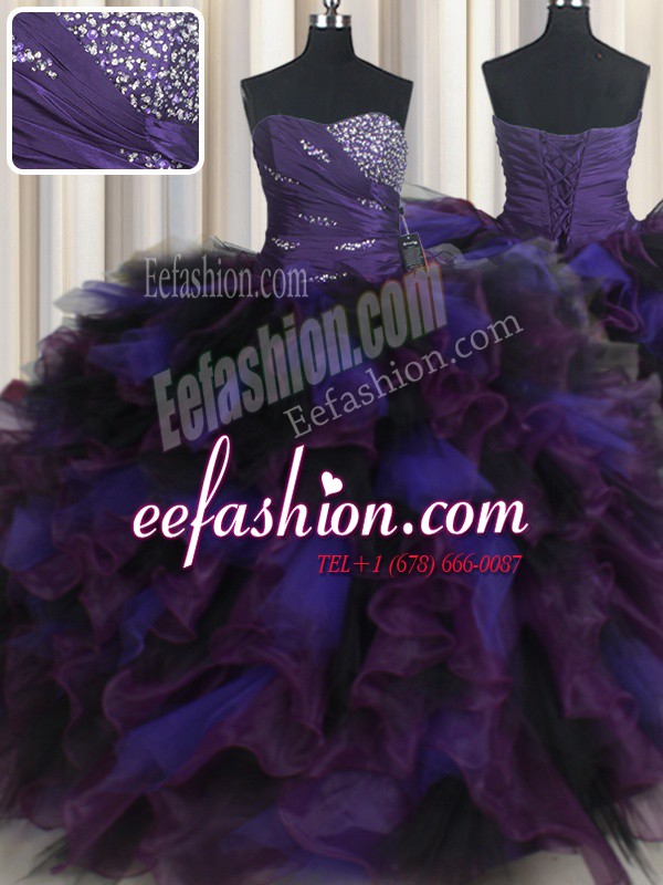 Glorious Multi-color Tulle Lace Up Quinceanera Gown Sleeveless Floor Length Beading and Ruffles
