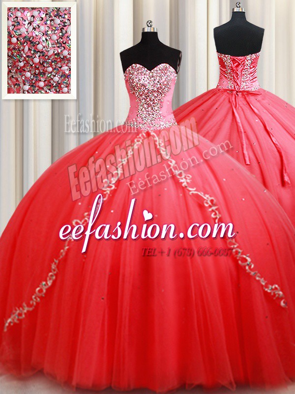 Coral Red Sleeveless Beading and Appliques Floor Length 15 Quinceanera Dress