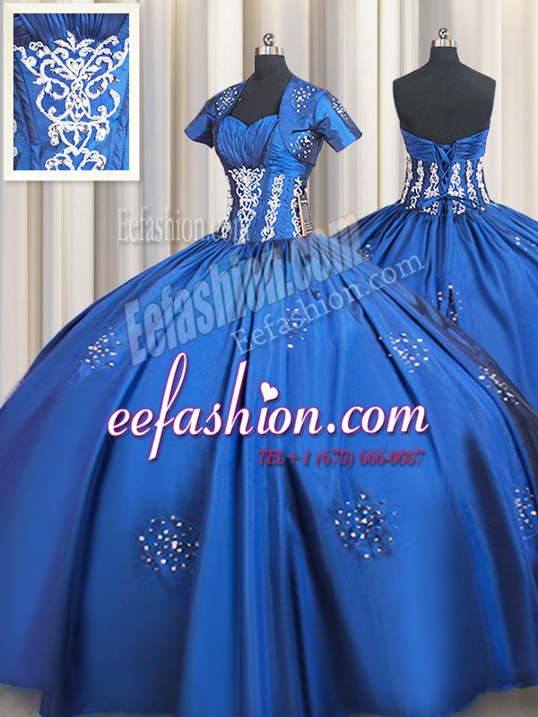 Dazzling Blue Lace Up Sweetheart Beading and Appliques Quinceanera Dress Taffeta Short Sleeves
