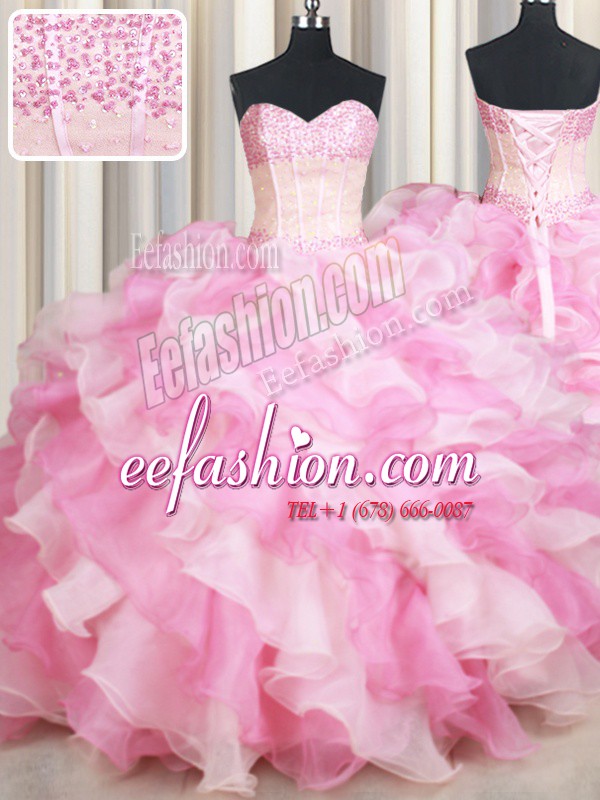 Customized Sweetheart Sleeveless Lace Up Quinceanera Dress Pink And White Organza