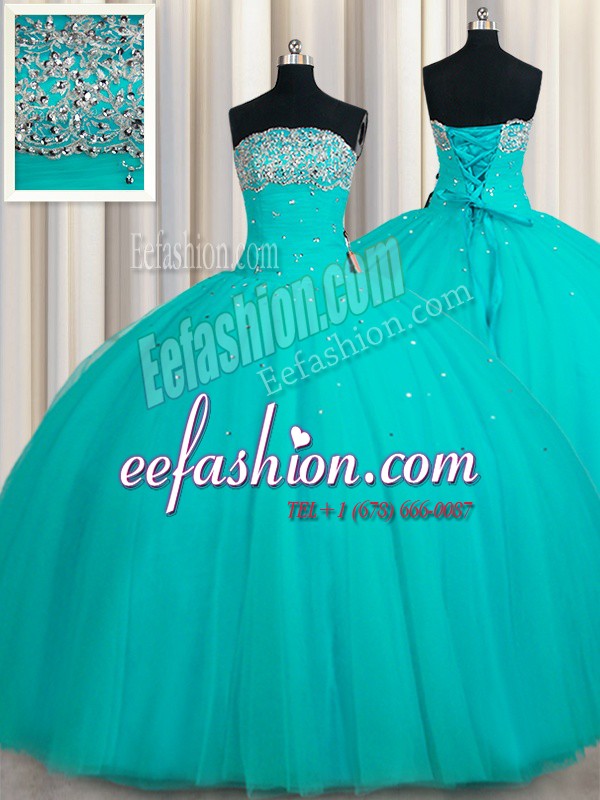 Popular Sequins Aqua Blue Sleeveless Tulle Lace Up 15th Birthday Dress for Military Ball and Sweet 16 and Quinceanera
