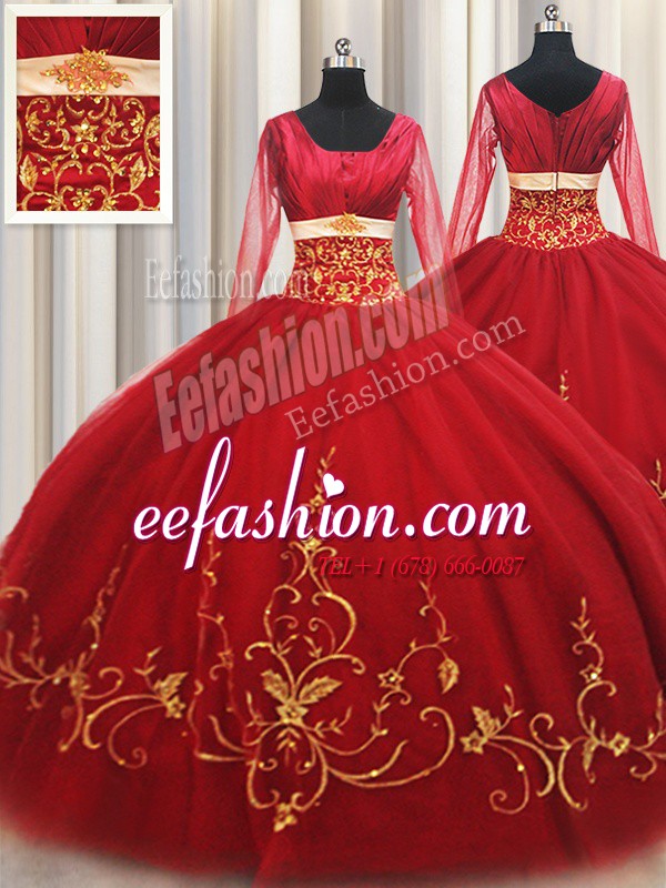 Glorious Square Red Long Sleeves Beading and Embroidery Floor Length 15 Quinceanera Dress