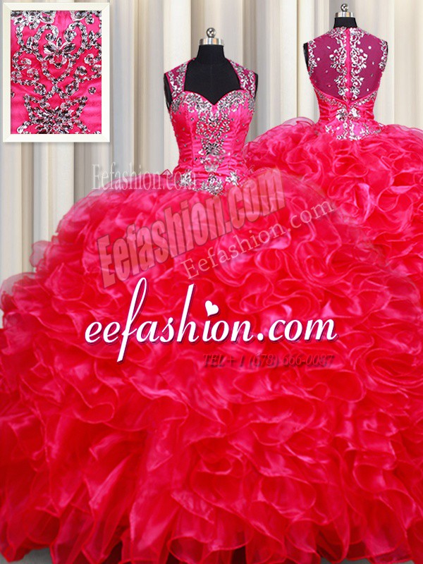  Red Zipper Straps Beading and Ruffles Quince Ball Gowns Organza Sleeveless