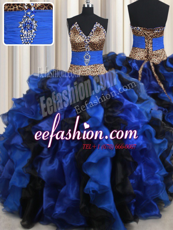  Blue And Black Strapless Neckline Beading and Ruffles Quince Ball Gowns Sleeveless Lace Up