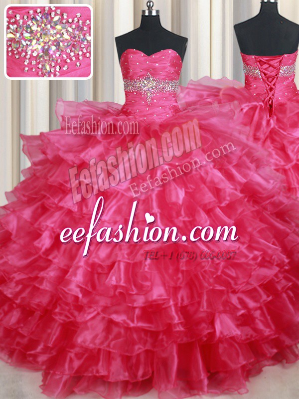Suitable Coral Red Organza Lace Up Sweetheart Sleeveless Floor Length Vestidos de Quinceanera Ruffled Layers