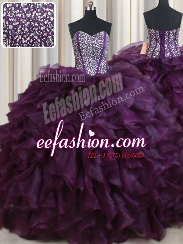  Dark Purple Sleeveless Floor Length Beading and Ruffles Lace Up Sweet 16 Dress
