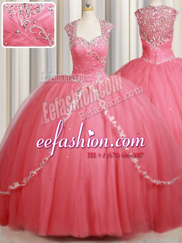 Excellent Watermelon Red Tulle Zipper Straps Cap Sleeves Sweet 16 Quinceanera Dress Sweep Train Beading and Appliques