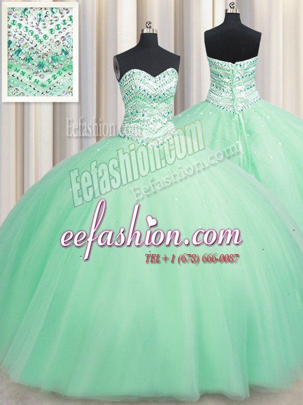  Apple Green Ball Gowns Tulle Sweetheart Sleeveless Beading Floor Length Lace Up 15th Birthday Dress