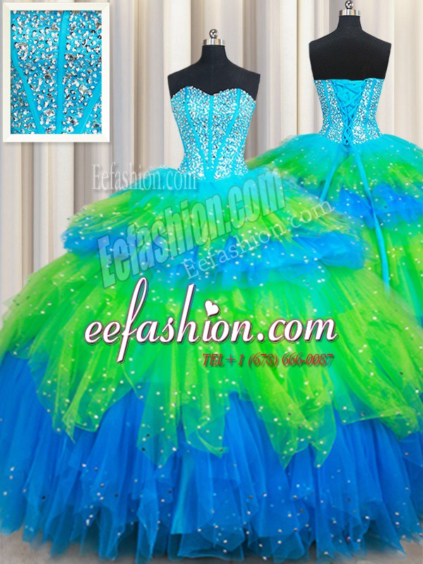 Multi-color Tulle Lace Up Sweetheart Sleeveless Floor Length Quinceanera Gown Beading and Ruffled Layers