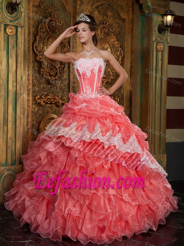 Strapless Organza Dress for Quince with Ruffles and Appliques in Watermelon
