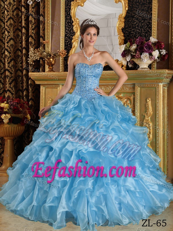 Sweetheart Organza Sweet Sixteen Dresses with Beads and Ruffles in Aqua Blue