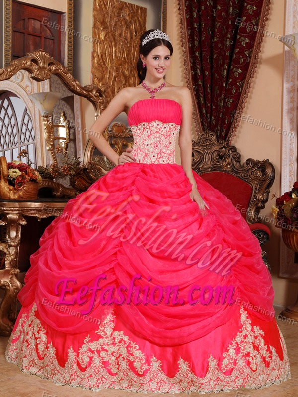 Ball Gown Strapless Beaded Organza Cute Quinceanera Gowns in Coral Red