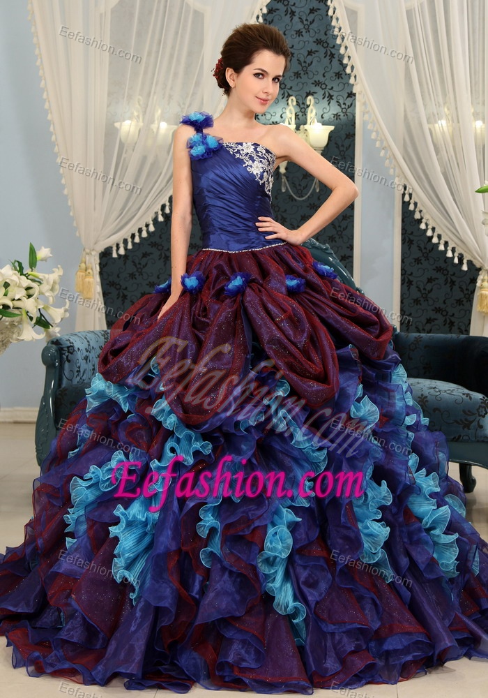 Cheap Muti-Color One Shoulder Quinceanera Dress with Flowers and Ruffles