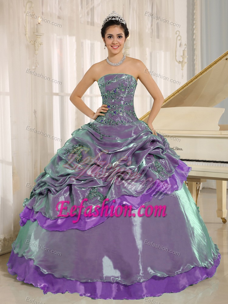 Strapless Ball Gown Multi-colored Appliqued Quinceanera Dress with Pick-ups