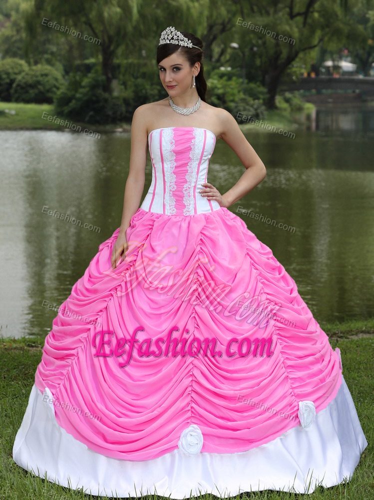 Strapless Ball Gown Pink White Quinceanera Dress with Pick-ups and Flowers