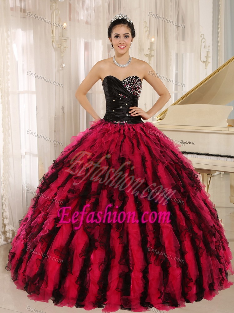 Sweetheart Ball Gown Red and Black Sweet 16 Dress with Ruffles and Beading