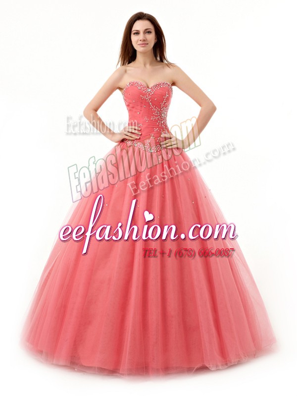 Fitting Watermelon Red Sweetheart Neckline Beading and Ruching Ball Gown Prom Dress Sleeveless Lace Up