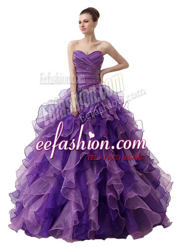 Trendy Sleeveless Floor Length Beading and Ruffles and Ruching Lace Up Vestidos de Quinceanera with Purple