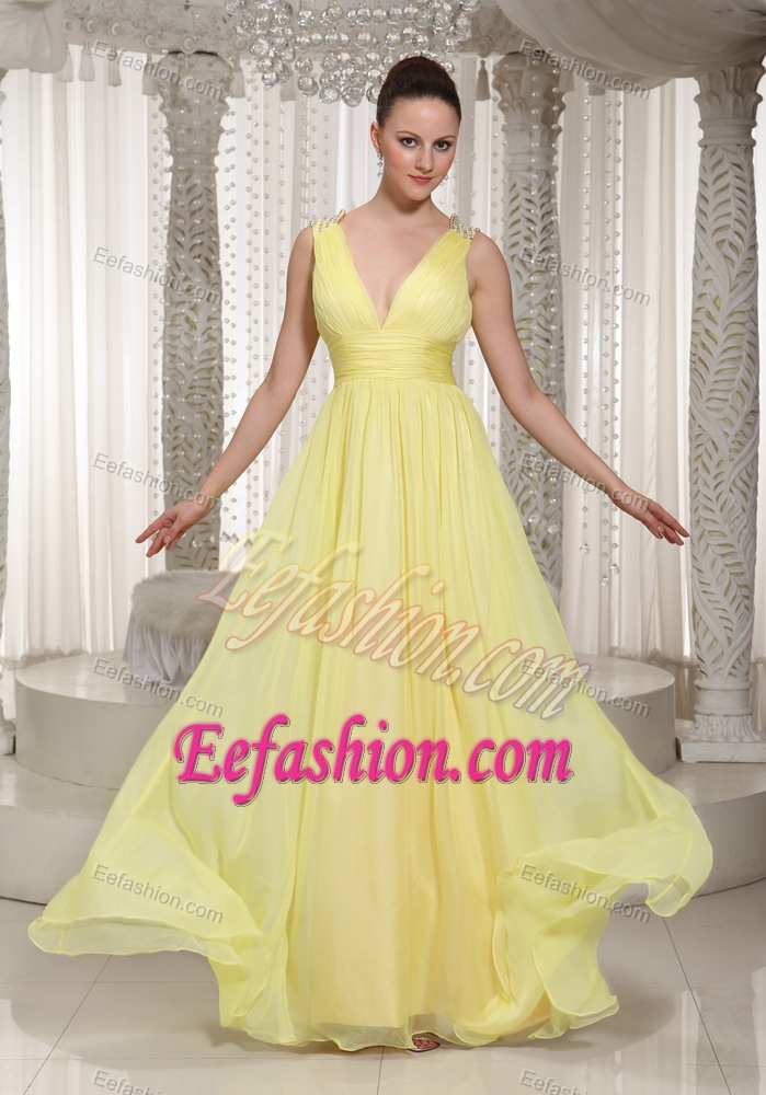 Charming V-neck Chiffon Ruched Celebrity Dresses for Less in Light Yellow