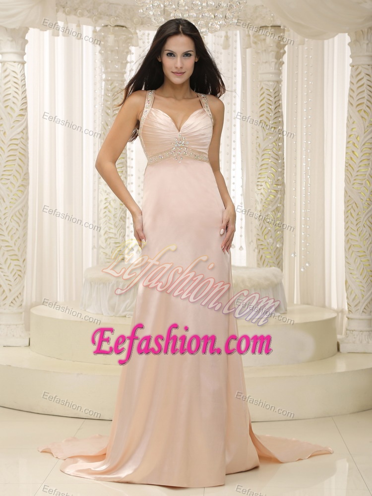 Baby Pink Elastic Woven Satin Ruched Luxurious Celebrities Dress for Less