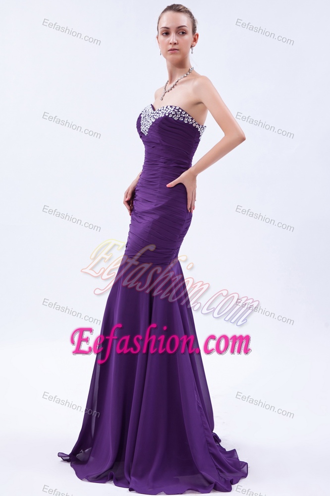 Popular Purple Mermaid Beaded and Ruched Chiffon Celebrity Dress for Prom