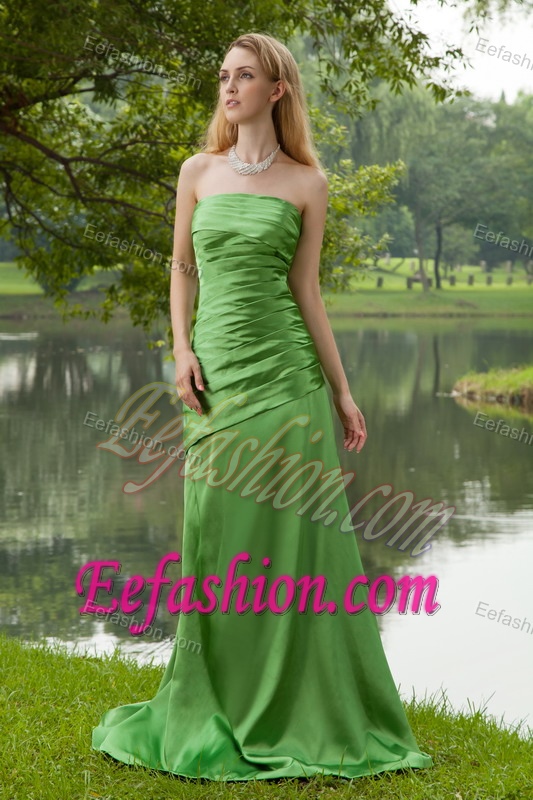 Elegant Strapless Spring Green Ruched Celeb Dress for Less with Brush Train