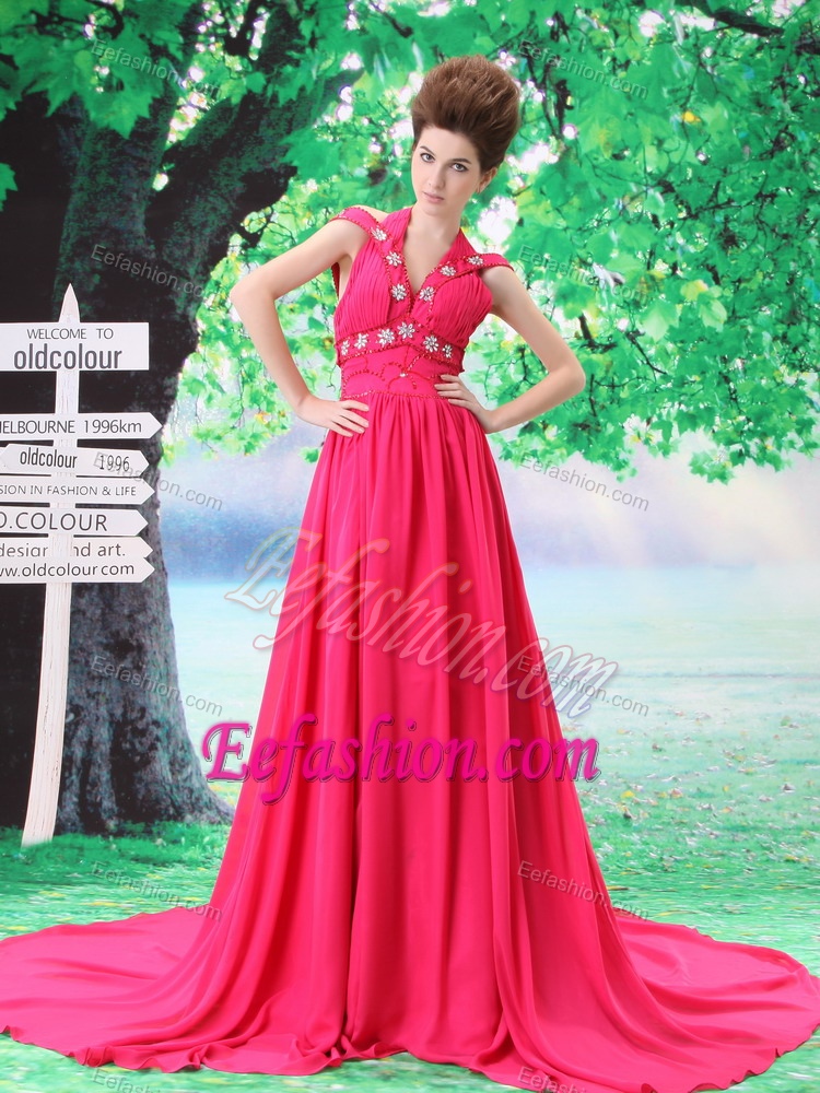 Court Train and Off the Shoulder Beaded Chiffon Dress for Celebrity with Hot Pink