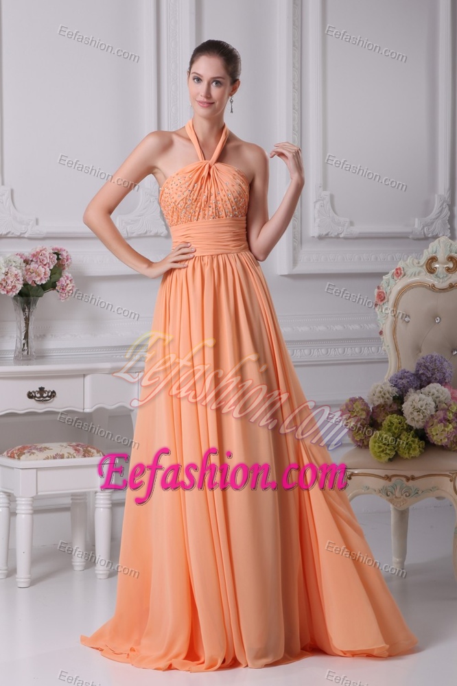 Beading and Ruching Decorated Halter Top Evening Dresses for Celebrity in Orange