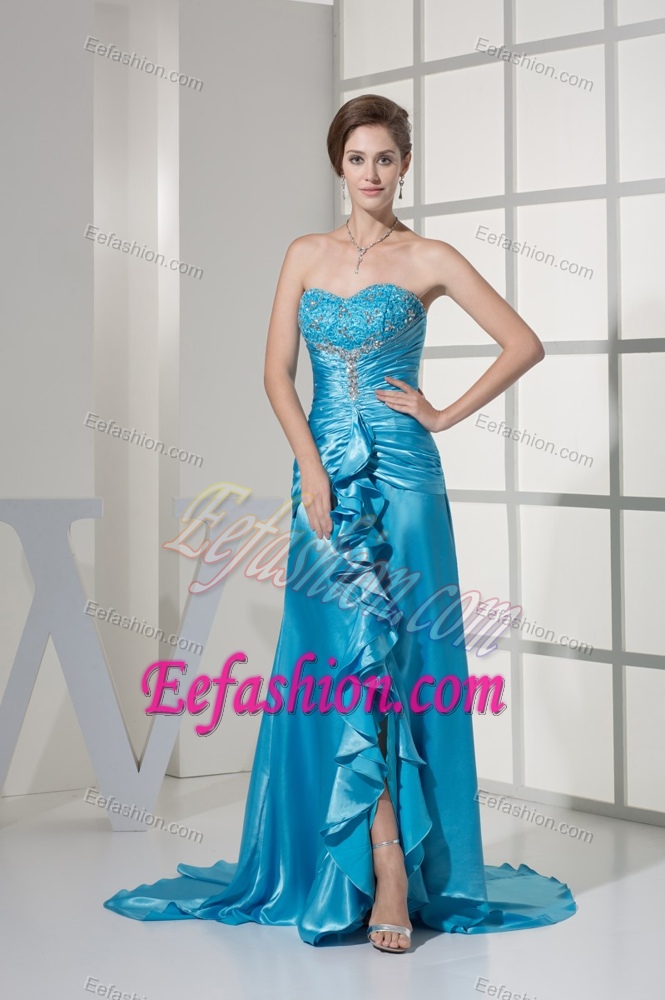 Ruched and Ruffled Slit Sweetheart Embroidery Celebrity Dresses with Brush Train