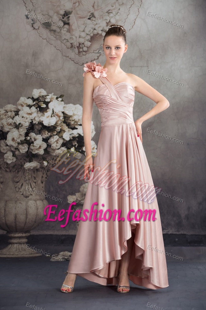 One Shoulder High-low Ruched Evening Dresses for Celebrity with Flower and Pleats