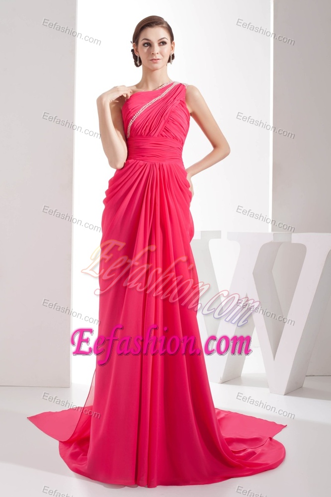 One Shoulder Watteau Train Inforaml Celebrity Dresses with Ruches in Hot Pink