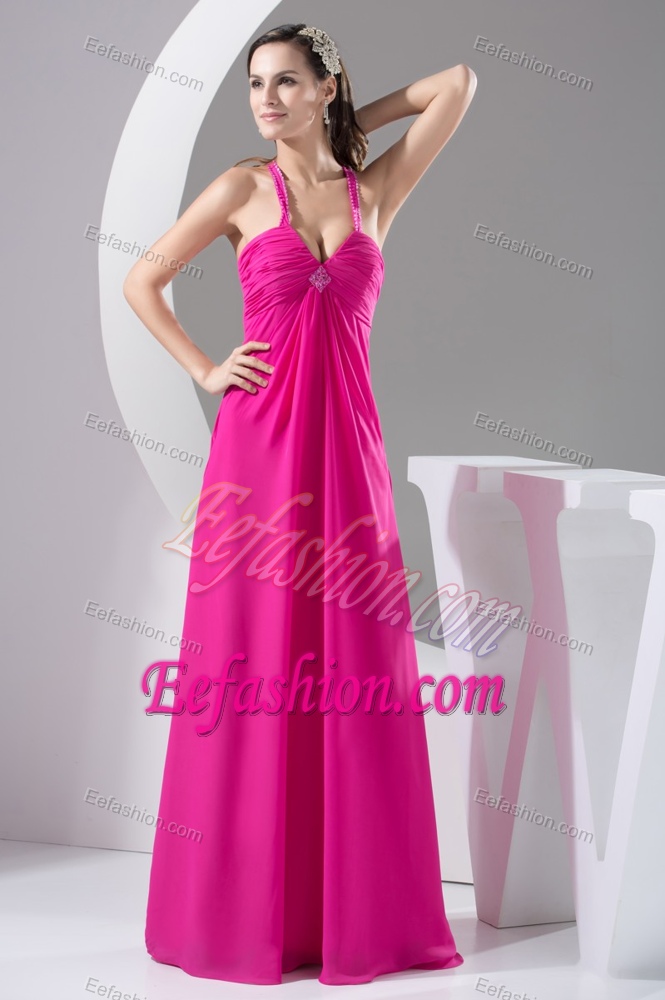Straps Long Hot Pink Evening Dresses for Celebrity Decorated with Beadings