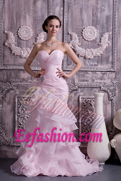 Brush Train Baby Pink Sweetheart Celebrity Dress with Ruches and Ruffles