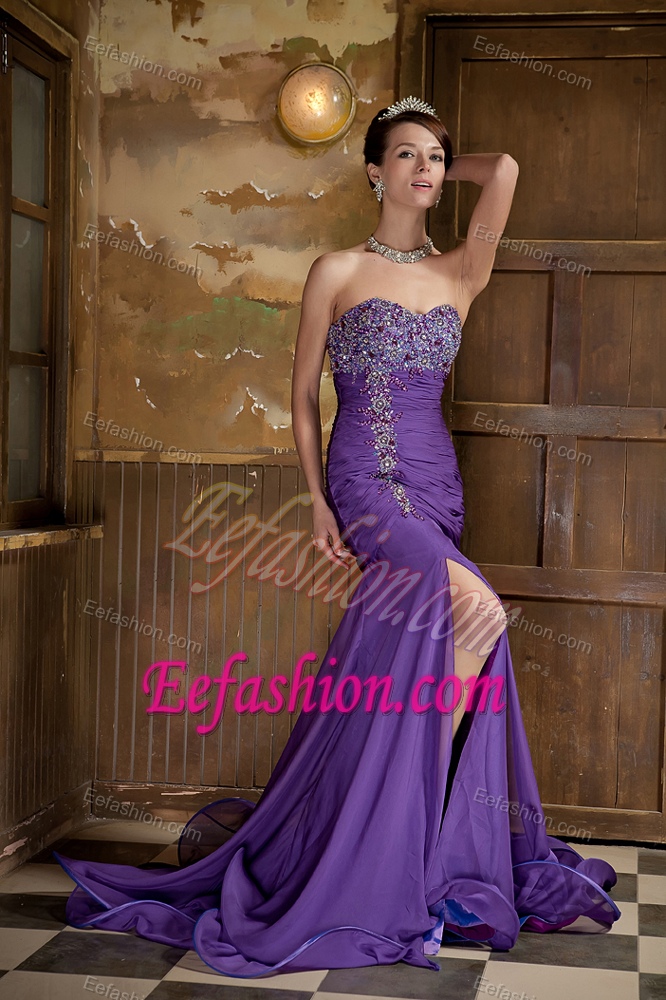 Sweetheart Brush Train Chiffon Purple Dresses for Celebrity with High Slit and Beads