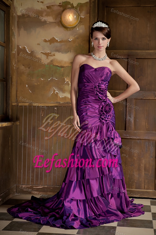 Purple Mermaid Sweetheart Brush Train Celebrity Dresses with Flowers and Ruffles