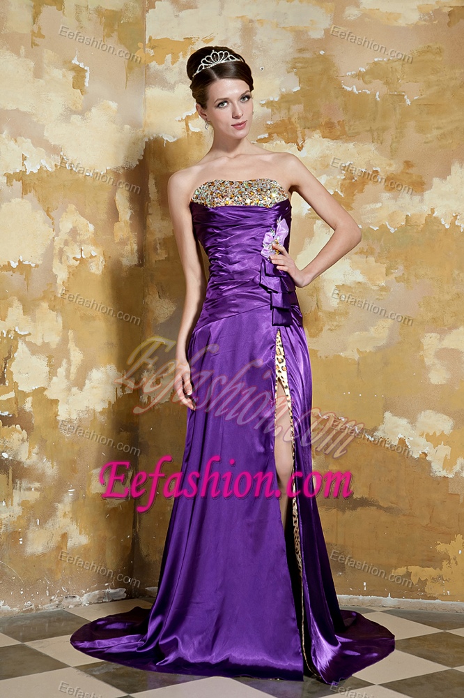 Purple Strapless Brush Train Evening Dresses for Celebrity with High Slit