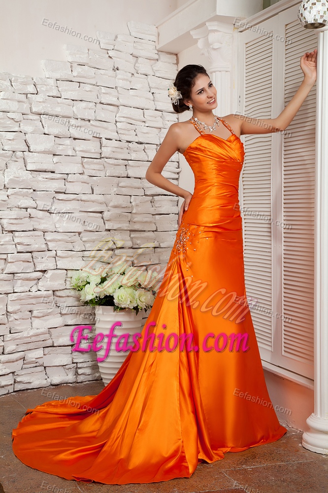 Customize Orange Red A-line Straps Evening Dresses for Celebrity with Court train