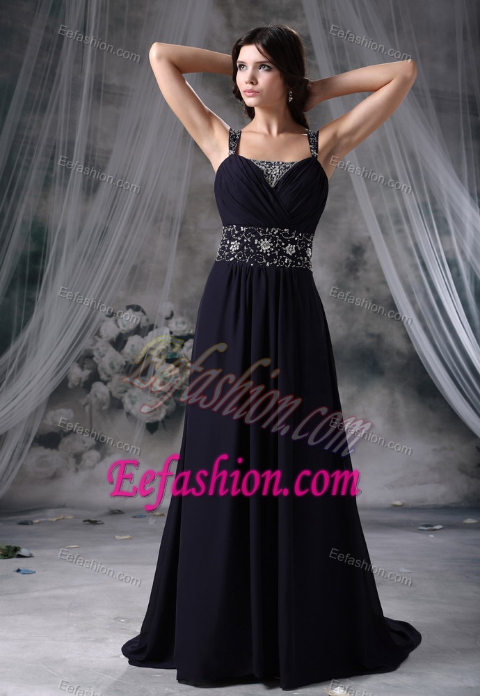Beads Decorated Straps and Waist Brush Train Celebrity Party Dress in Royal Blue