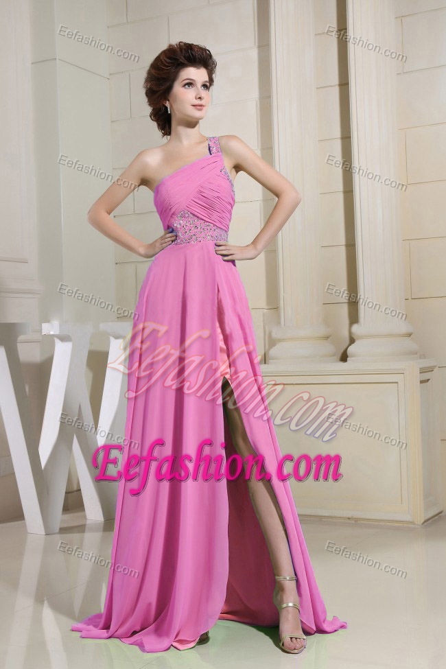 One Shoulder Beaded and Ruched Pageant Evening Gowns with High Slit on Sale
