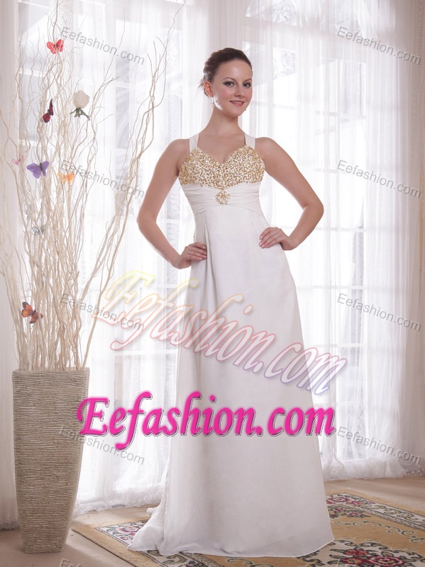 Modern White Empire V-neck Chiffon Beaded Prom Evening Dress with Brush Train