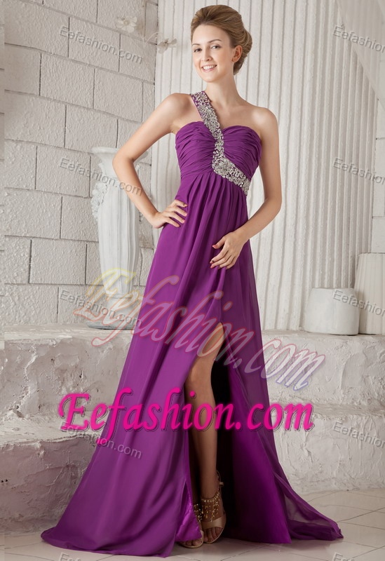 Purple Empire One Shoulder Watteau Train Chiffon Beaded Prom Evening Dress