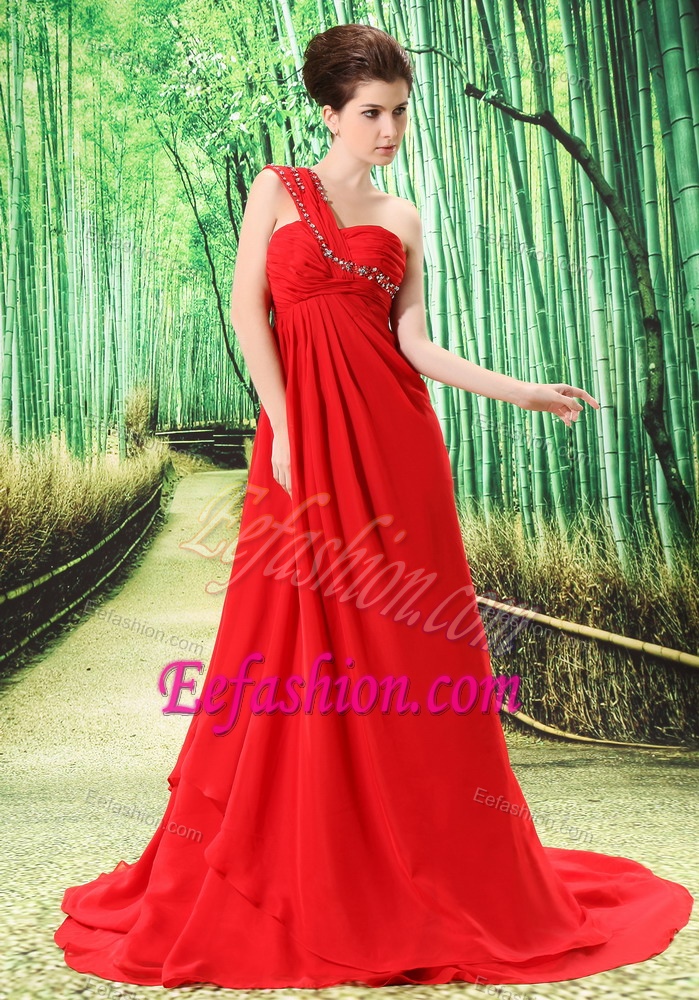 One Shoulder Women s Evening Dresses with Appliques and Ruche in Red