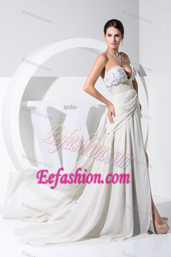 Sexy White Beaded V-neck High Slit Classy Evening Dress with Flowers