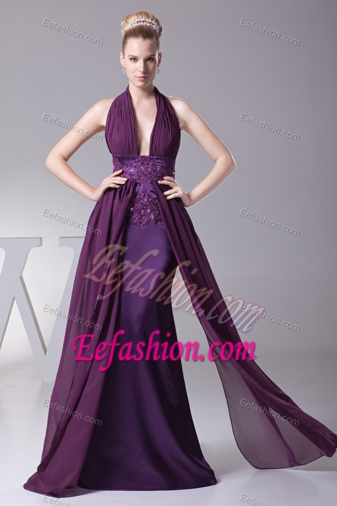Beaded and Appliqued Backless Halter Designer Evening Dress with Sash