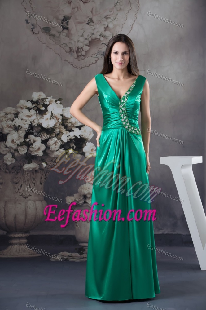 Teal V-neck Ruched Evening Gowns Dresses with Beading and Appliques