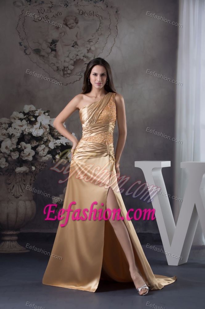 High Slit Gold One Shoulder Evening Wear Dress with Beading and Ruche