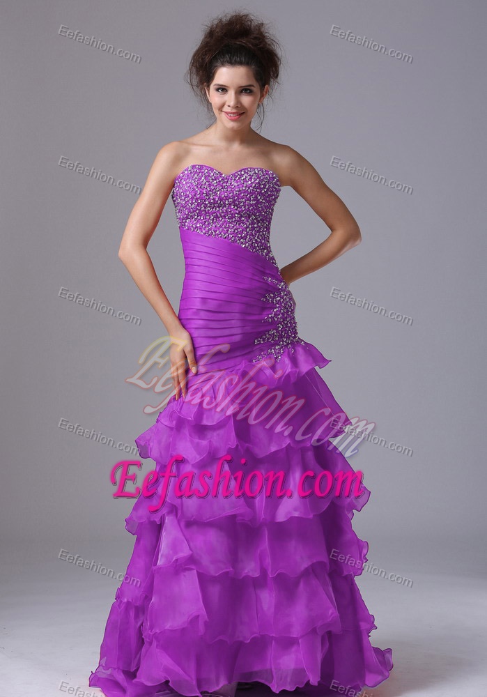 Purple Mermaid Beaded Sweetheart Prom Celebrity Dresses in Organza with Ruffles