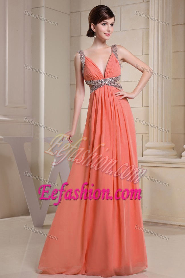 Orange Red V-neck Prom Wedding Dresses with Beading and Side Outs